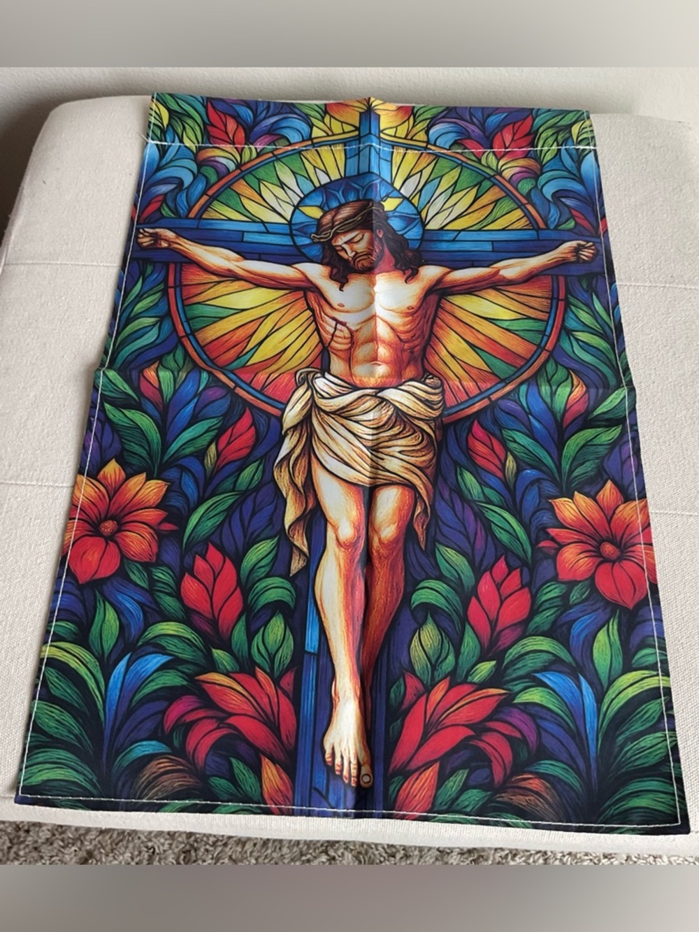 Vibrant Stained Glass Style Crucifix Garden Flag